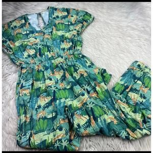 World Market Women's S/M Green Tiger Jungle Printed Jumpsuit 100% Cotton